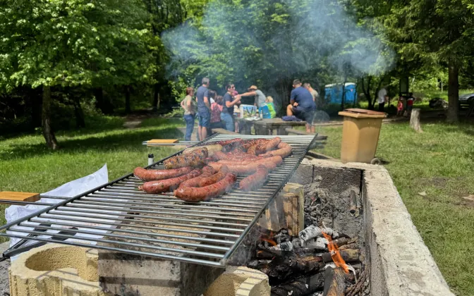 Sausages grilling over embers on an open grill, under the trees.
