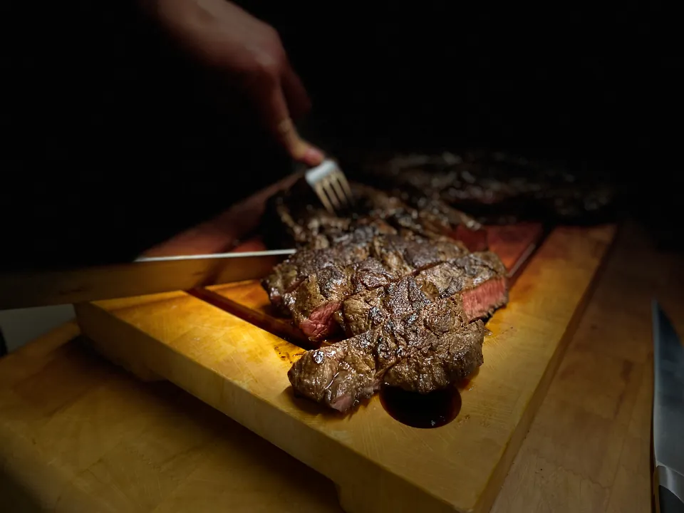 Grilled beef, hand-carved on a butcher’s block