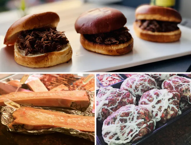 Trois de nos créations : des burgers garnis d’effiloché, deux os à moelle fendus marqués « BOC », des atriaux dans leur crépine.