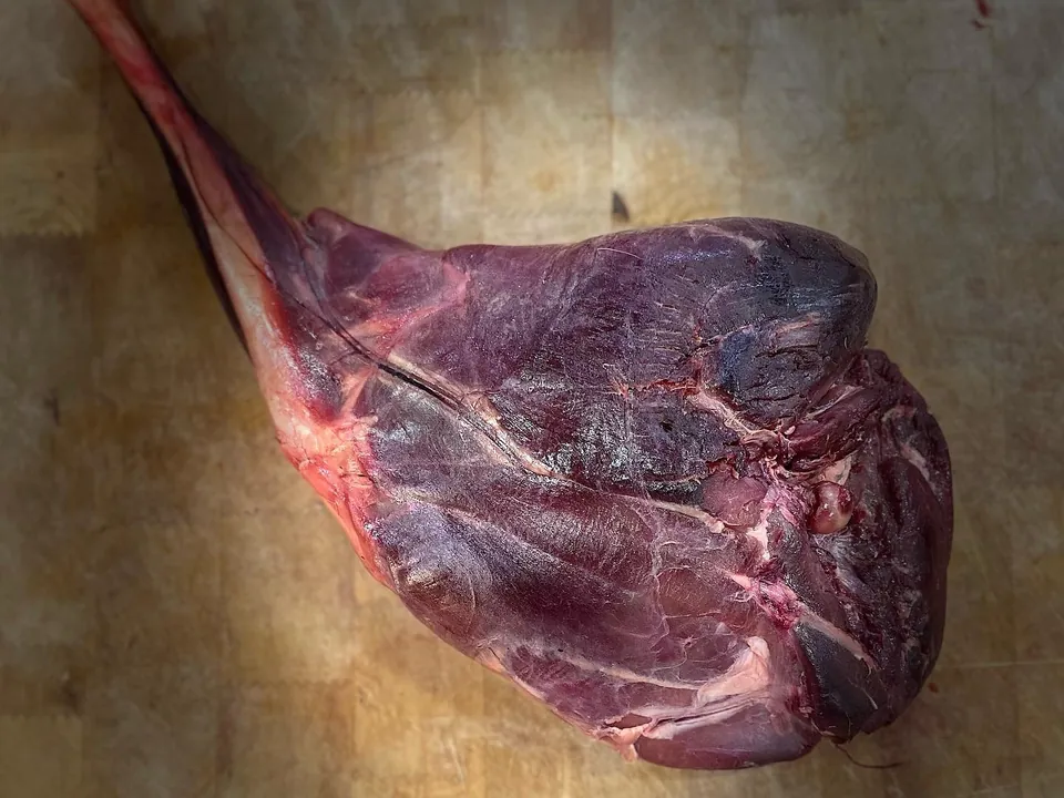 A dark-fleshed haunch of game on a butcher’s block.