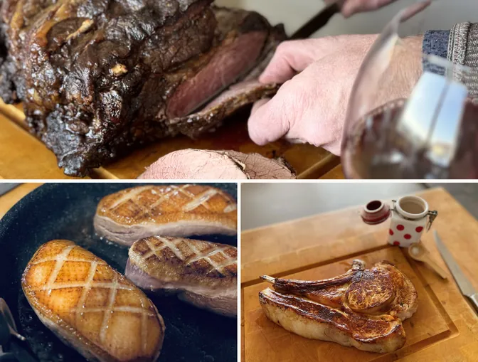 Three cooked cuts: a beef roast being carved, duck breasts in the pan, a veal chop on a block.